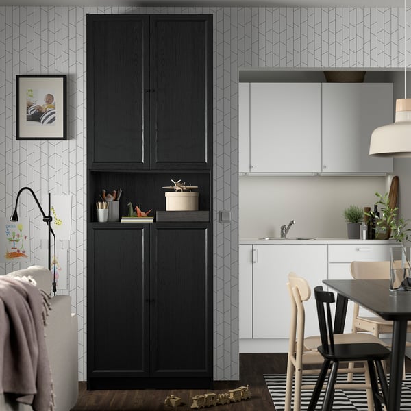 BILLY / OXBERG bookcase w doors/extension unit, black oak effect, 80x30x237 cm