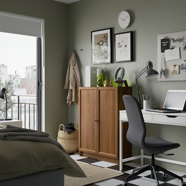 BILLY / OXBERG bookcase with doors, brown walnut effect, 80x30x106 cm