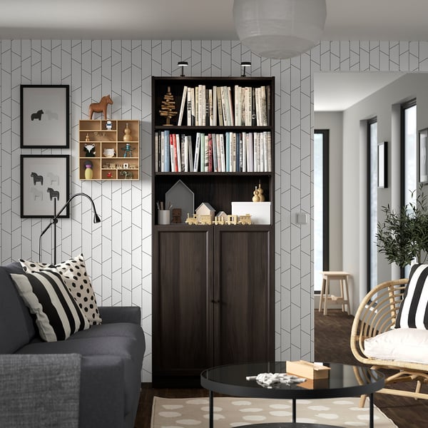 BILLY / OXBERG bookcase with doors, dark brown oak effect, 80x30x202 cm