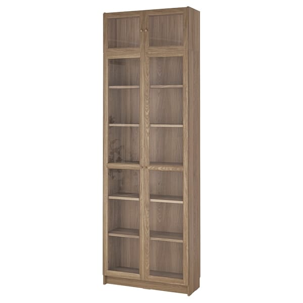 Ikea BILLY / OXBERG - Bookcase w glass doors/ext unit, oak effect/clear glass, 80x30x237 cm
