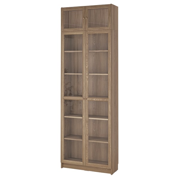 BILLY / OXBERG bookcase w glass doors/ext unit, oak effect/clear glass, 80x30x237 cm