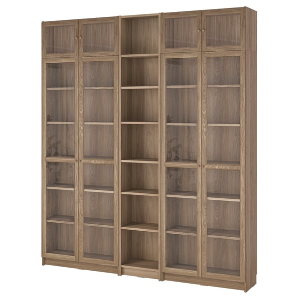 BILLY / OXBERG bookcase w glass doors/ext unit, oak effect, 200x30x237 cm