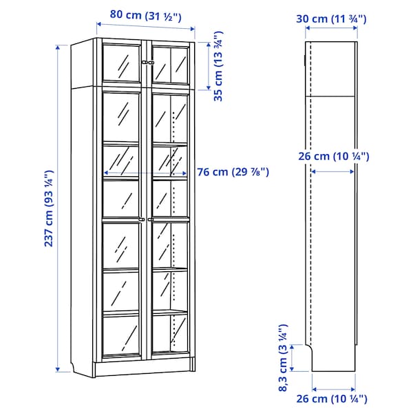 Ikea BILLY / OXBERG - Bookcase with glass doors/elem suppl, dark brown oak effect/transparent glass,80x30x237 cm