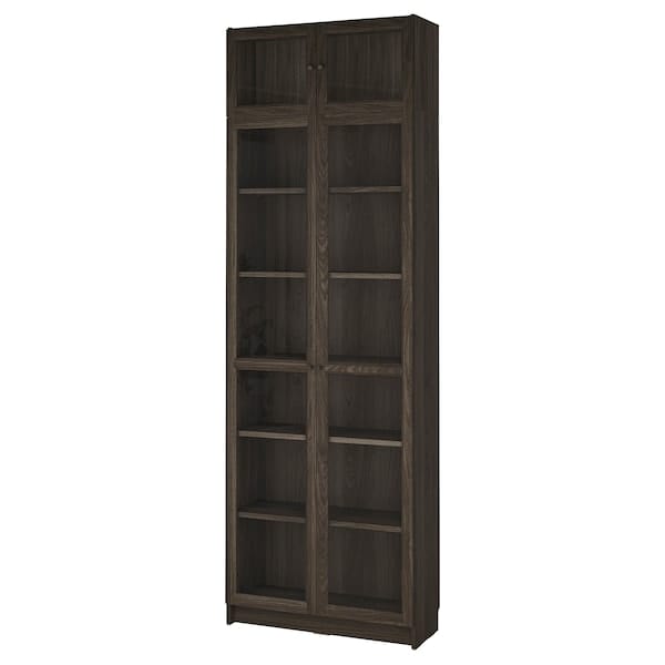Ikea BILLY / OXBERG - Bookcase with glass doors/elem suppl, dark brown oak effect/transparent glass,80x30x237 cm