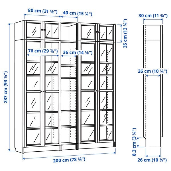 Ikea BILLY / OXBERG - Bookcase with glass doors/elem suppl, dark brown oak effect,200x30x237 cm