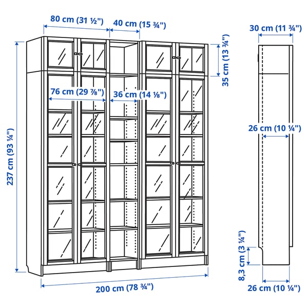 BILLY / OXBERG bookcase w glass doors/ext unit, dark brown oak effect, 200x30x237 cm