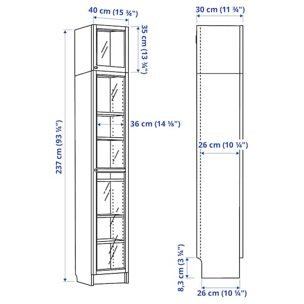 Ikea BILLY / OXBERG - Bookcase with glass doors/elem suppl, dark brown oak effect,40x30x237 cm