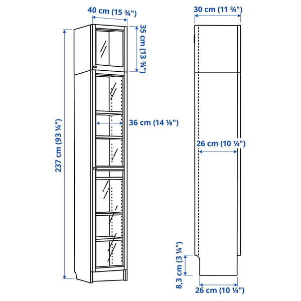 BILLY / OXBERG bookcase w glass doors/ext unit, dark brown oak effect, 40x30x237 cm