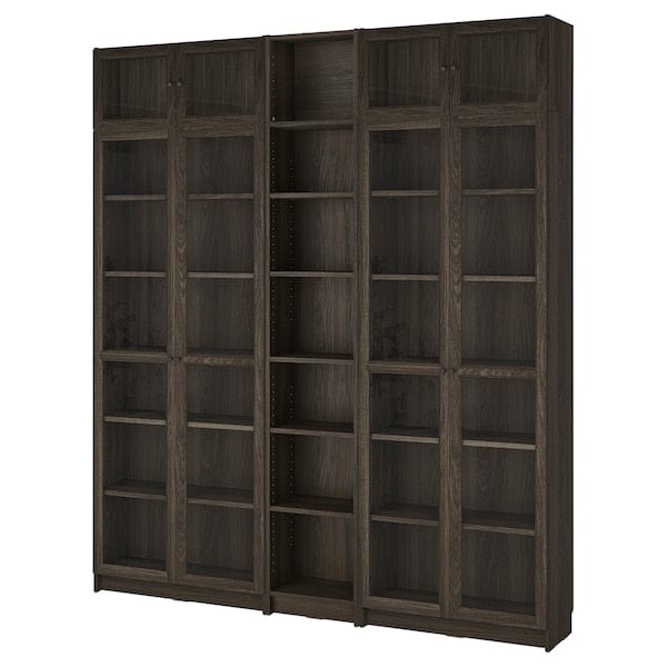 Ikea BILLY / OXBERG - Bookcase with glass doors/elem suppl, dark brown oak effect,200x30x237 cm