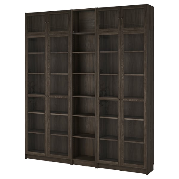 BILLY / OXBERG bookcase w glass doors/ext unit, dark brown oak effect, 200x30x237 cm