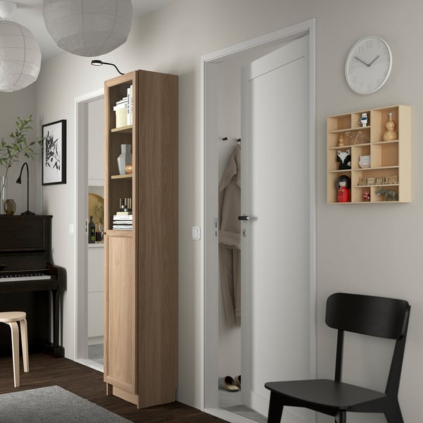 BILLY / OXBERG bookcase with panel/glass door, oak effect, 40x30x202 cm