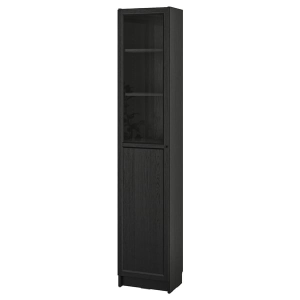 BILLY / OXBERG bookcase with panel/glass door, black oak effect, 40x30x202 cm