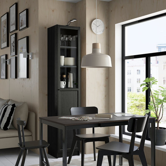 BILLY / OXBERG bookcase with panel/glass door, black oak effect, 40x41x202 cm