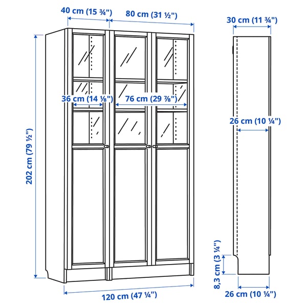 BILLY / OXBERG bookcase with panel/glass doors, white/glass, 120x30x202 cm