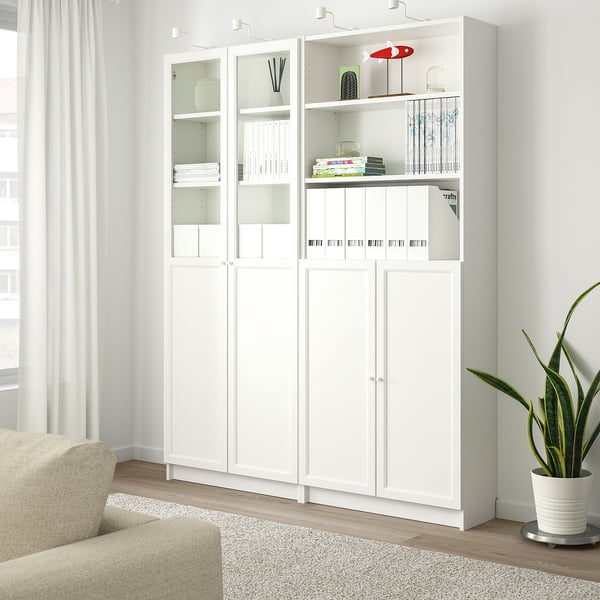 BILLY / OXBERG bookcase with panel/glass doors, white, 160x30x202 cm