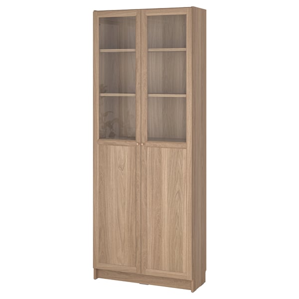 BILLY / OXBERG bookcase with panel/glass doors, oak effect, 80x30x202 cm