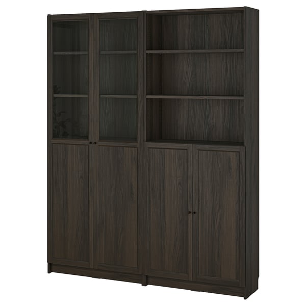 BILLY / OXBERG bookcase with panel/glass doors, dark brown oak effect/clear glass, 160x30x202 cm