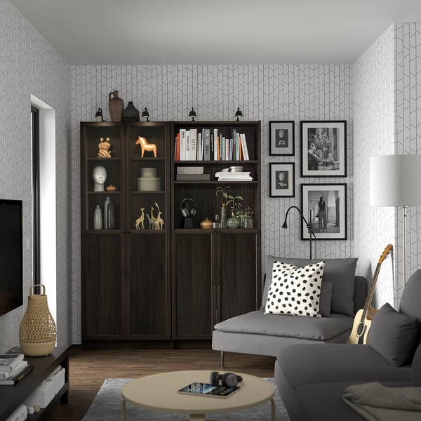 BILLY / OXBERG bookcase with panel/glass doors, dark brown oak effect/clear glass, 160x30x202 cm