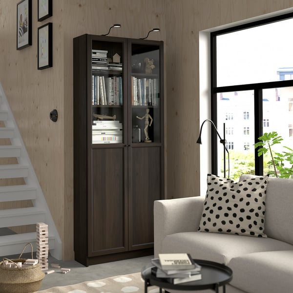 BILLY / OXBERG bookcase with panel/glass doors, dark brown oak effect, 80x30x202 cm
