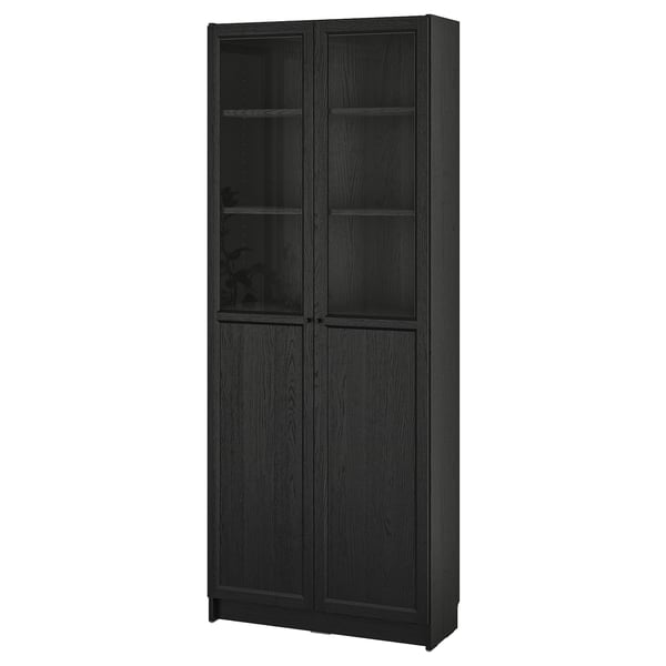 BILLY / OXBERG bookcase with panel/glass doors, black oak effect, 80x30x202 cm