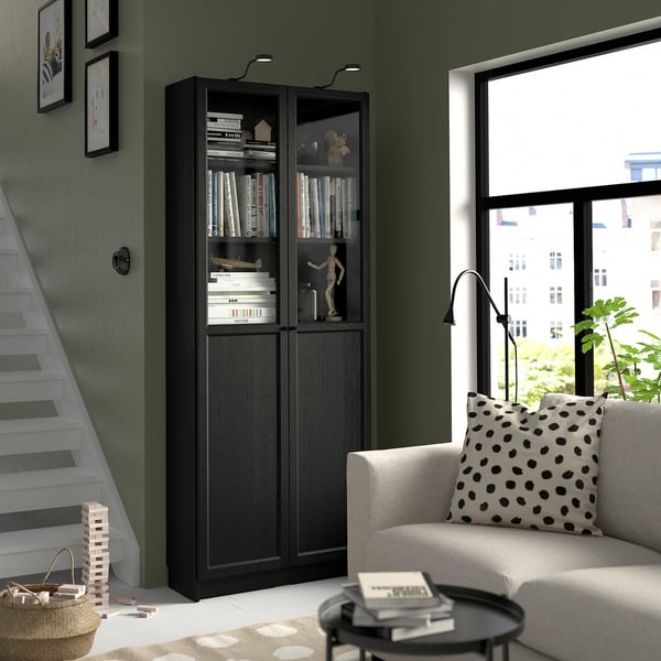 BILLY / OXBERG bookcase with panel/glass doors, black oak effect, 80x30x202 cm