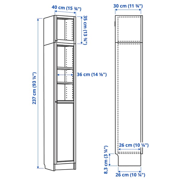 BILLY / OXBERG bookcase w hght ext ut/pnl/glss drs, white/glass, 40x30x237 cm