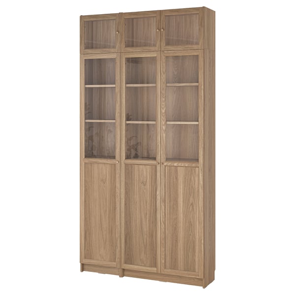 BILLY / OXBERG bookcase w hght ext ut/pnl/glss drs, oak effect/clear glass, 120x30x237 cm