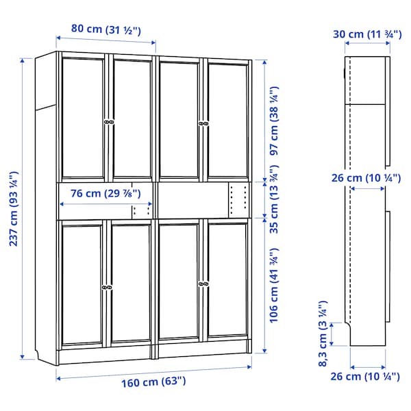 Ikea BILLY / OXBERG - Bookcase w height extension ut/drs, brown walnut effect, 160x30x237 cm