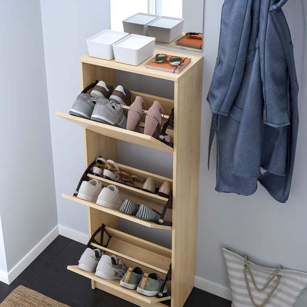 BISSA shoe cabinet with 3 compartments, oak effect, 49x28x135 cm