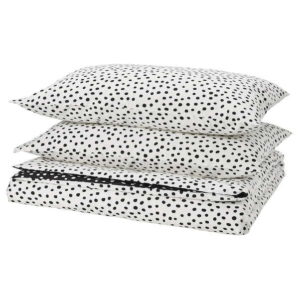 BJÖRKGRÅMAL duvet cover and 2 pillowcases, black white/dotted, 240x220/50x80 cm