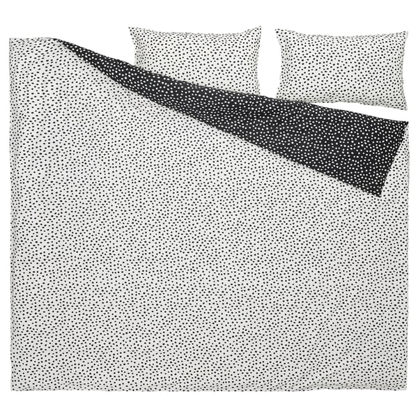 BJÖRKGRÅMAL duvet cover and 2 pillowcases, black white/dotted, 240x220/50x80 cm