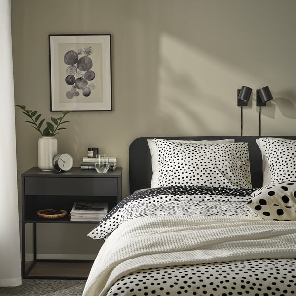 BJÖRKGRÅMAL duvet cover and 2 pillowcases, black white/dotted, 240x220/50x80 cm