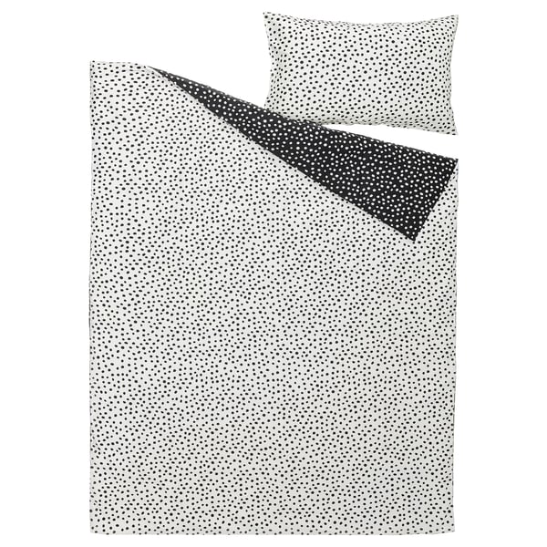 BJÖRKGRÅMAL duvet cover and pillowcase, black white/dotted, 150x200/50x80 cm