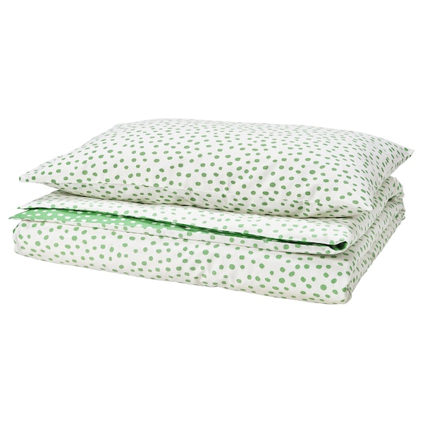 BJÖRKGRÅMAL duvet cover and pillowcase, green white/dotted, 150x200/50x80 cm