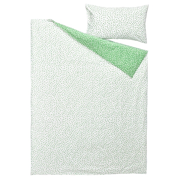 BJÖRKGRÅMAL duvet cover and pillowcase, green white/dotted, 150x200/50x80 cm