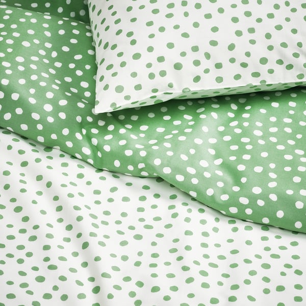 BJÖRKGRÅMAL duvet cover and pillowcase, green white/dotted, 150x200/50x80 cm