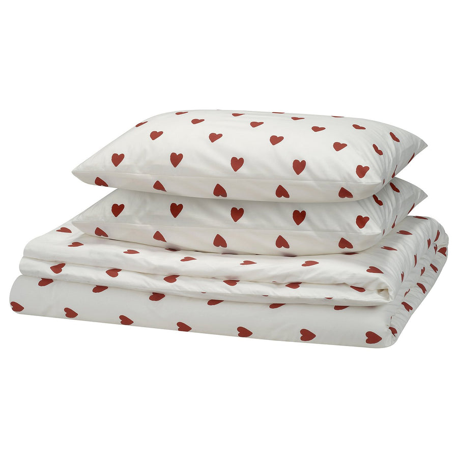 BJÖRNBÄRBUSKE duvet cover and 2 pillowcases, heart pattern white/red, 240x220/50x80 cm