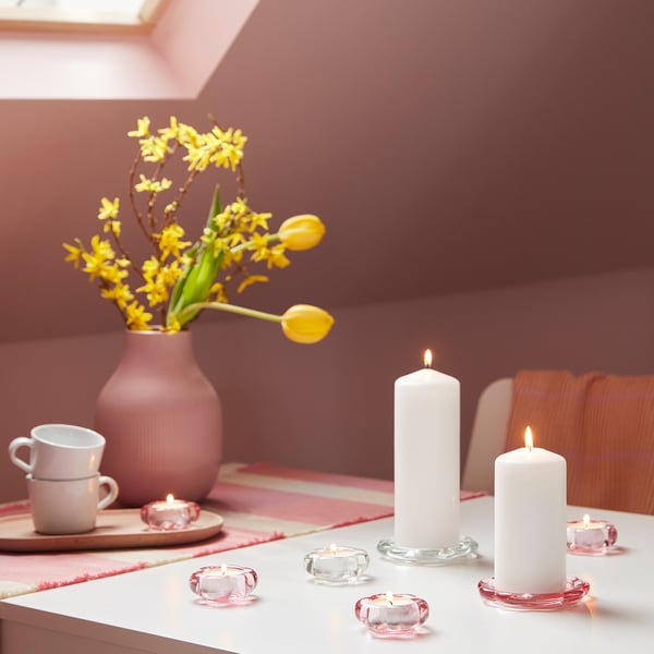 BLADFÅGEL candle dish, pink, 11 cm