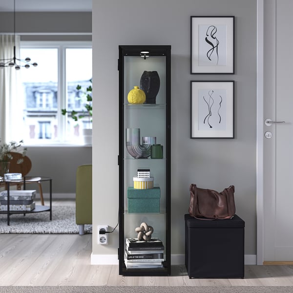 BLÅLIDEN / STRIMSÄV glass-door cabinet with lighting, black, 35x151x32 cm