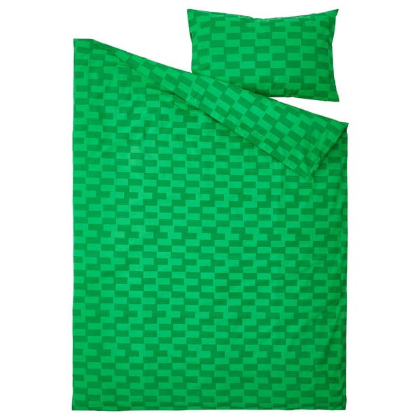 BLÅSKATA duvet cover and pillowcase, green/patterned, 150x200/50x80 cm
