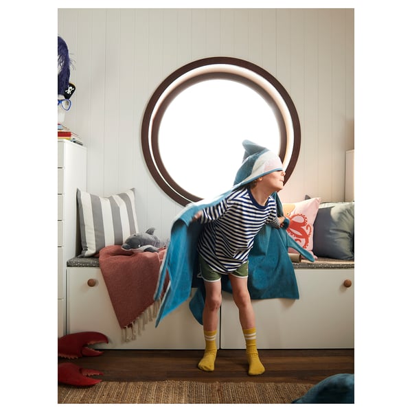BLÅVINGAD towel with hood, shark-shaped/blue-grey, 70x140 cm