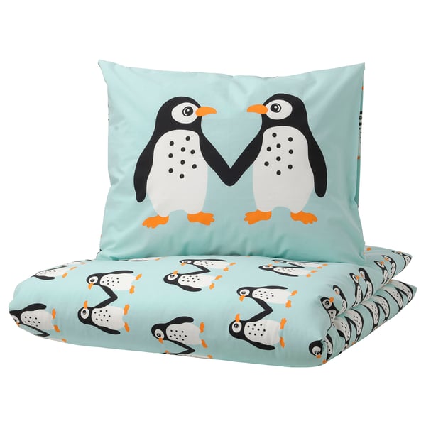 BLÅVINGAD duvet cover and pillowcase, penguin pattern/light turquoise, 150x200/50x80 cm