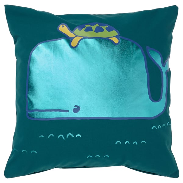 BLÅVINGAD cushion cover, whale pattern/blue-green, 50x50 cm