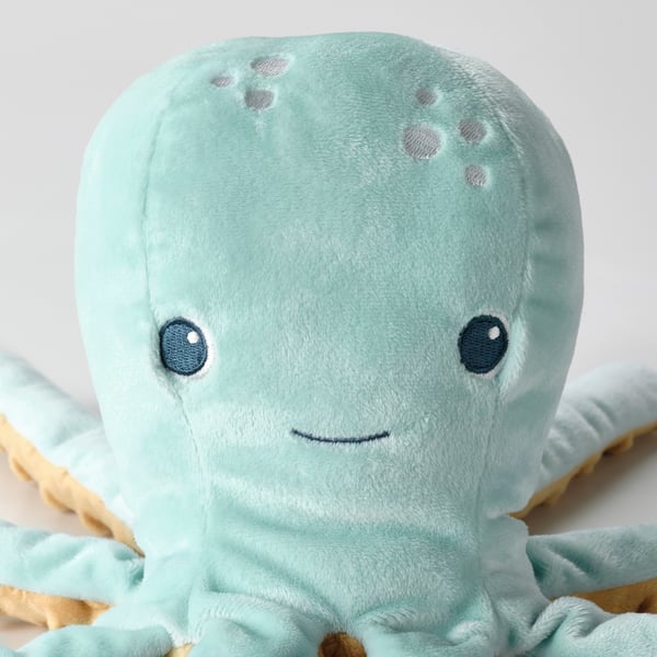 BLÅVINGAD soft toy with LED night light, turquoise octopus/battery-operated, 50x50 cm