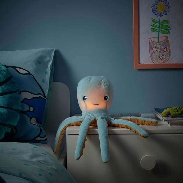 BLÅVINGAD soft toy with LED night light, turquoise octopus/battery-operated, 50x50 cm