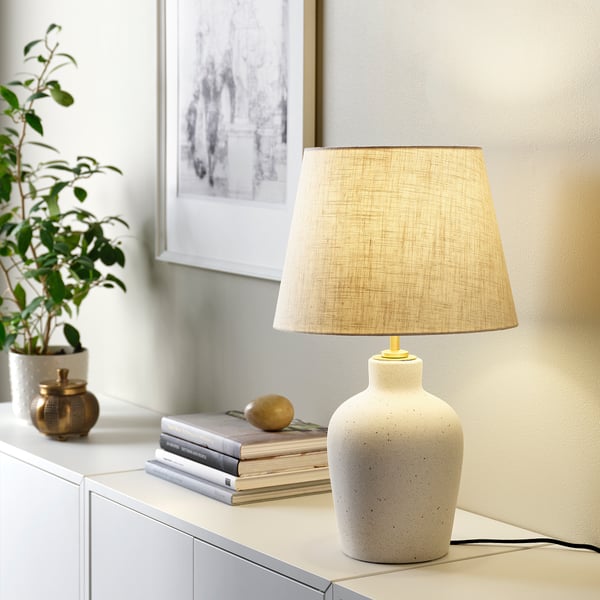 BLIDVÄDER table lamp, off-white ceramic/beige, 50 cm
