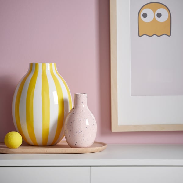 BLODBJÖRK vase, striped white/yellow, 25 cm