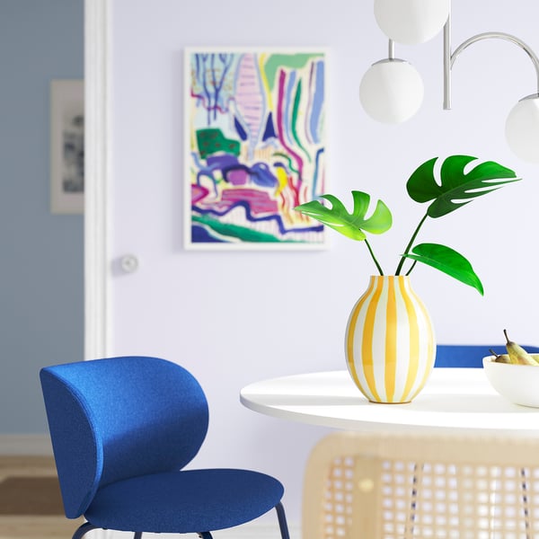 BLODBJÖRK vase, striped white/yellow, 25 cm