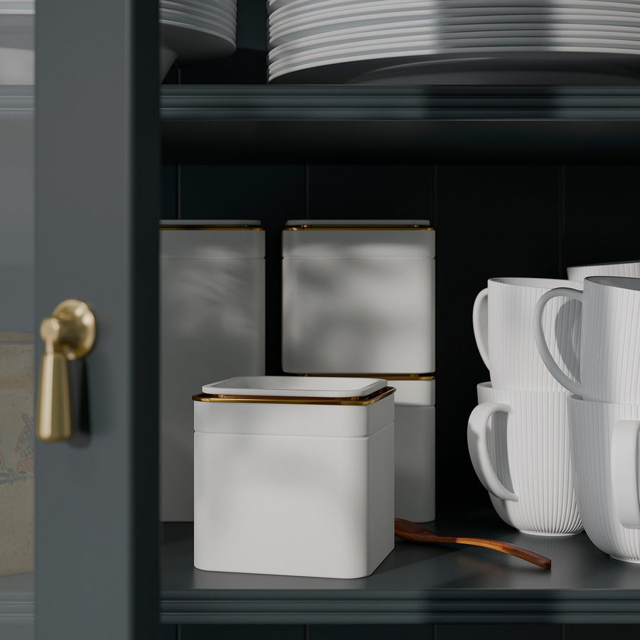 BLOMNING tin with lid, off-white/for coffee/tea, 10x10 cm