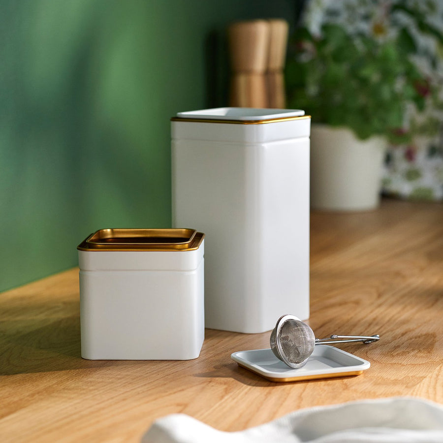 BLOMNING tin with lid, off-white for coffee/tea, 10x10 cm
